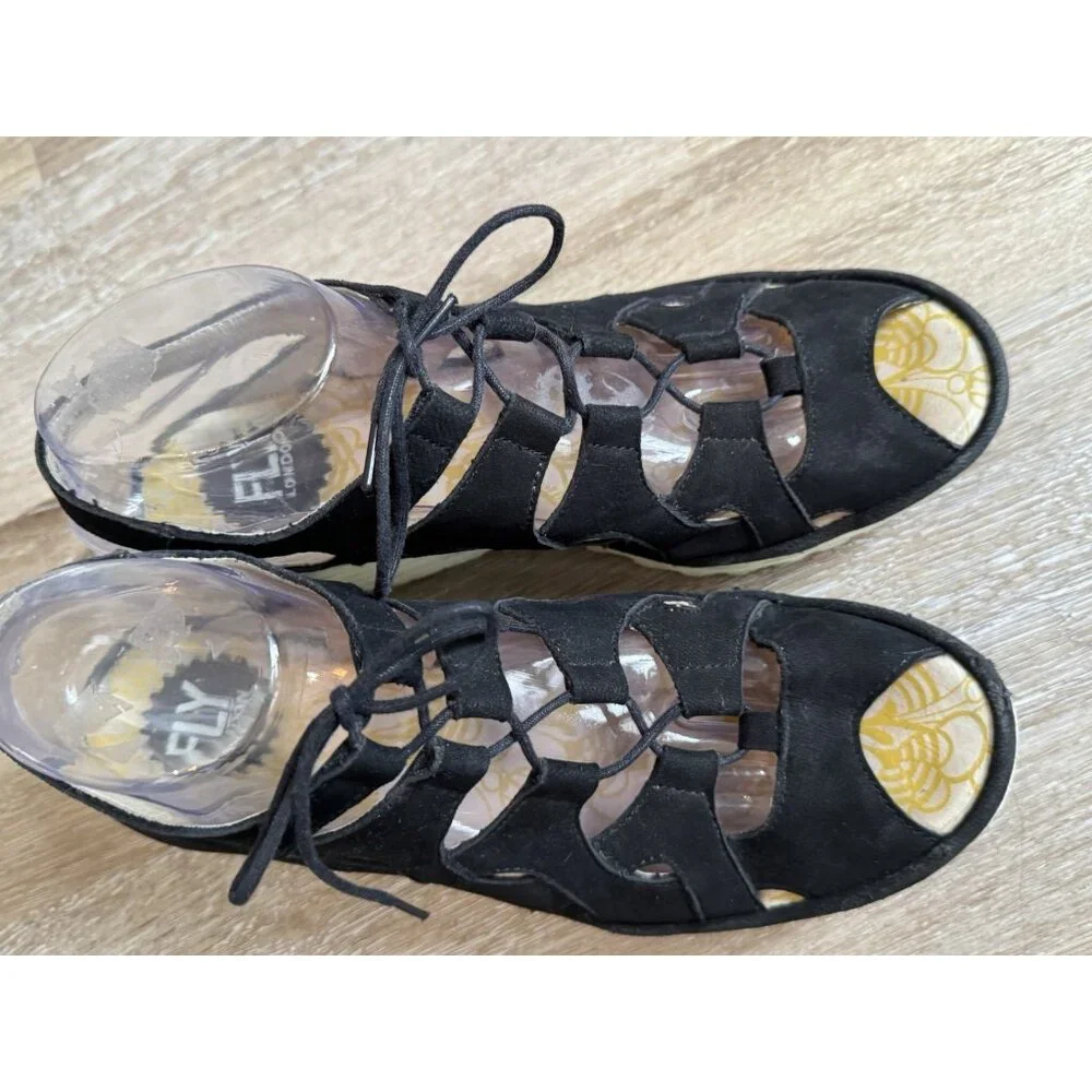 Fly London Yexa Black Leather Lace Up Gladiator Wedge Sandals Women’s 9 Summer